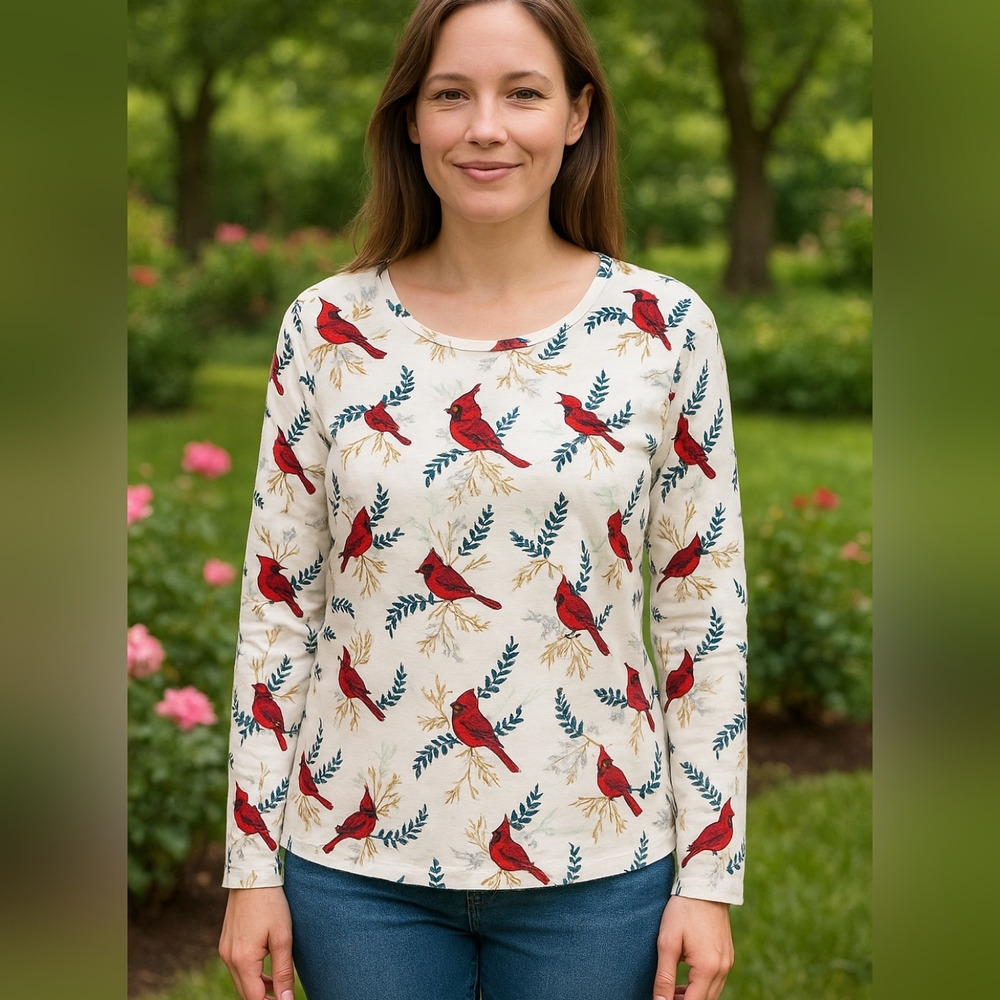 White Stag Cardinal Bird Print Long Sleeve Top XL 16-18 Red Cardinal 100% Cotton